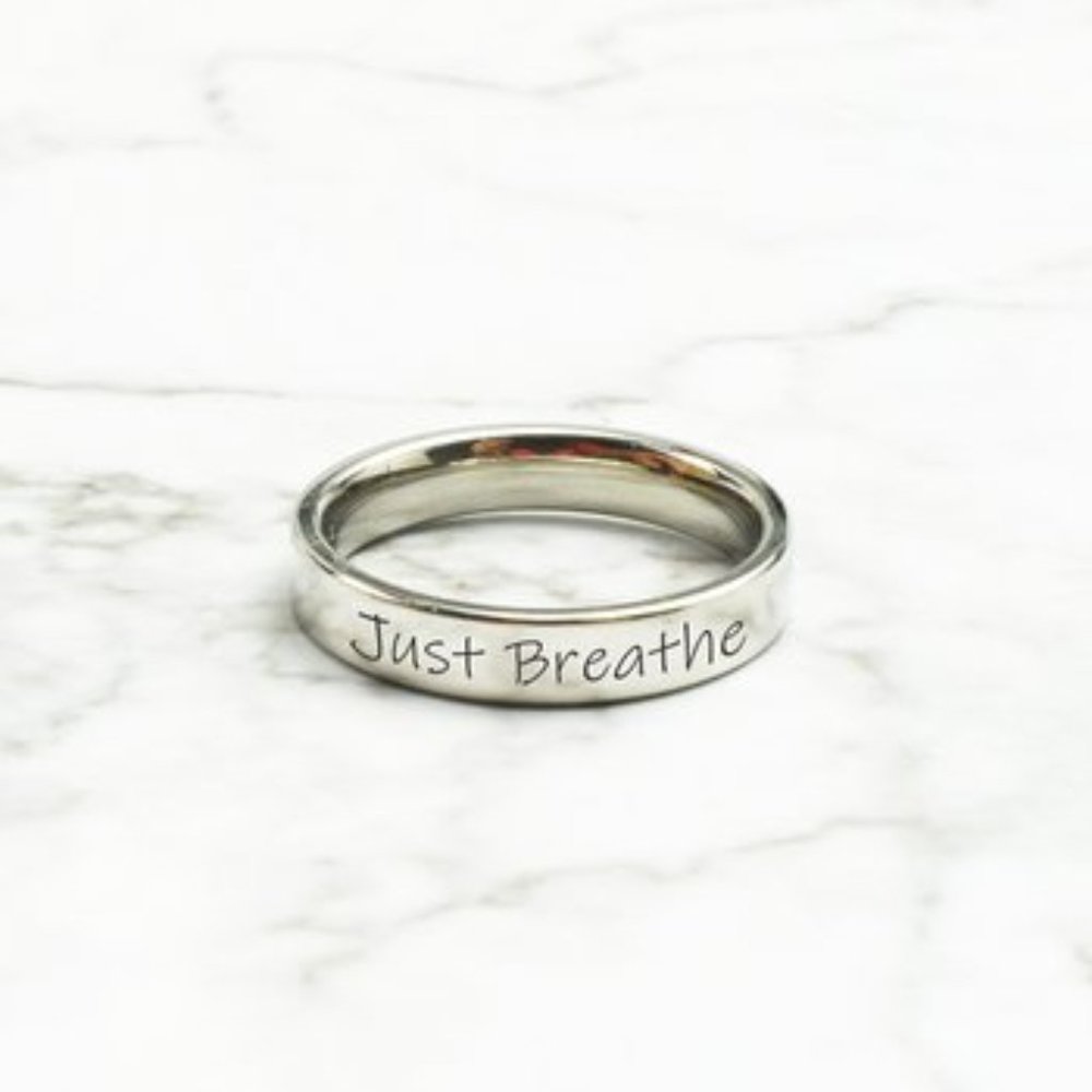 NWB Stainless Steel ~Just Breathe~ Inspirational Message Ring - Size 8
